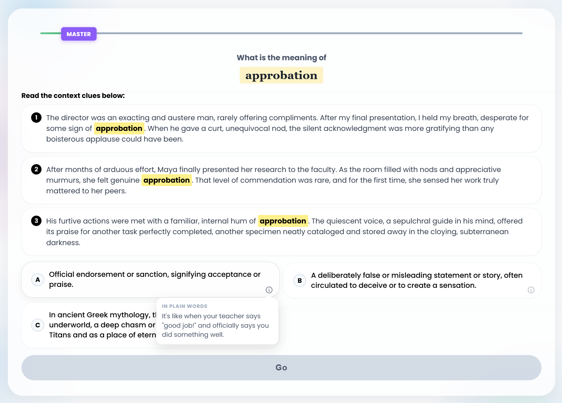 Wordlize screenshot: a Master-level question asks the meaning of “approbation” after three context passages that use the word.