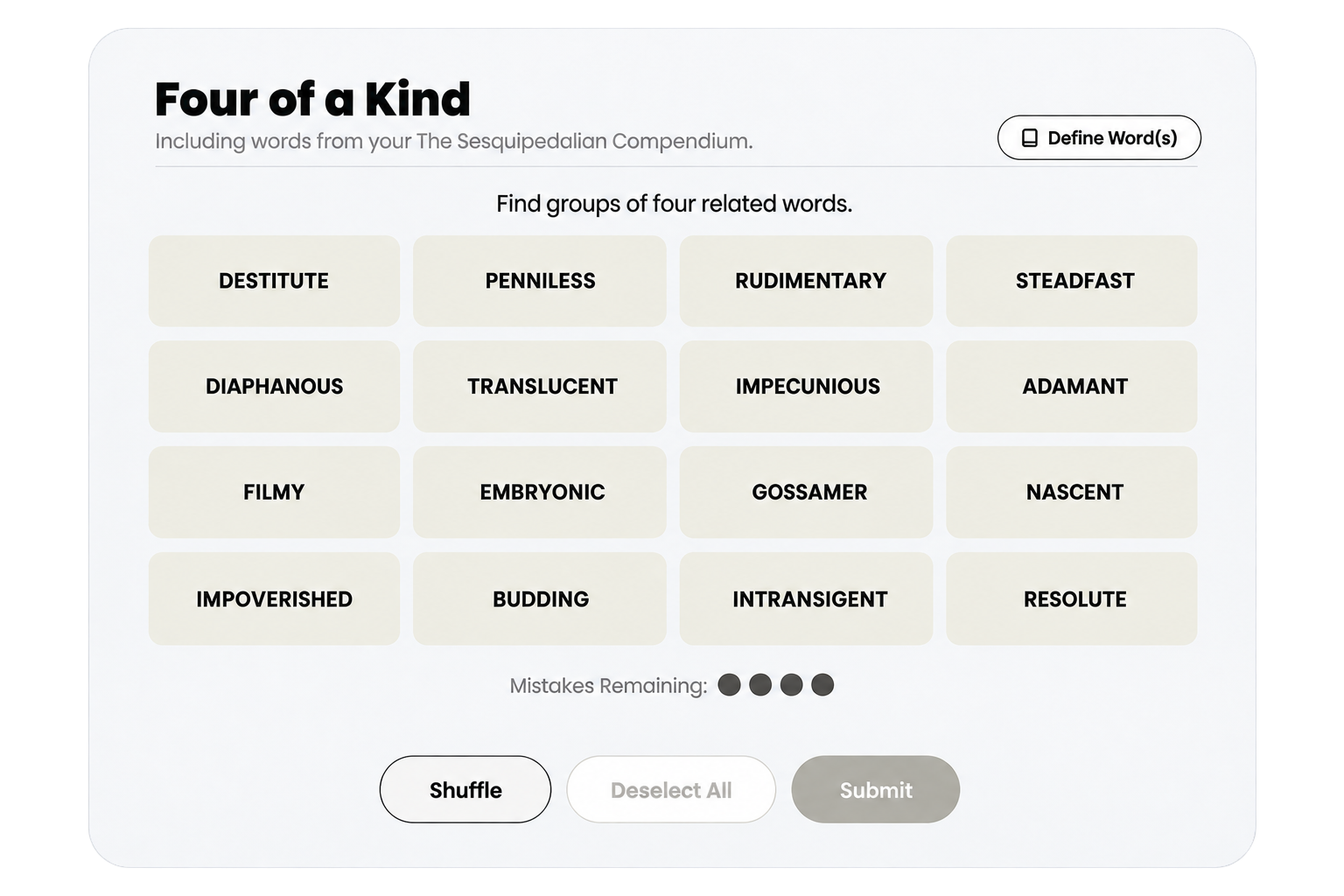 Wordlize screenshot: the Four of a Kind game, a grid of sixteen vocabulary words to sort into four related groups.